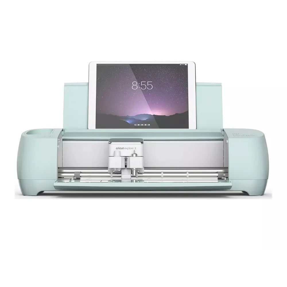 Cricut Explore 3 craft machine with open tray and lit screen