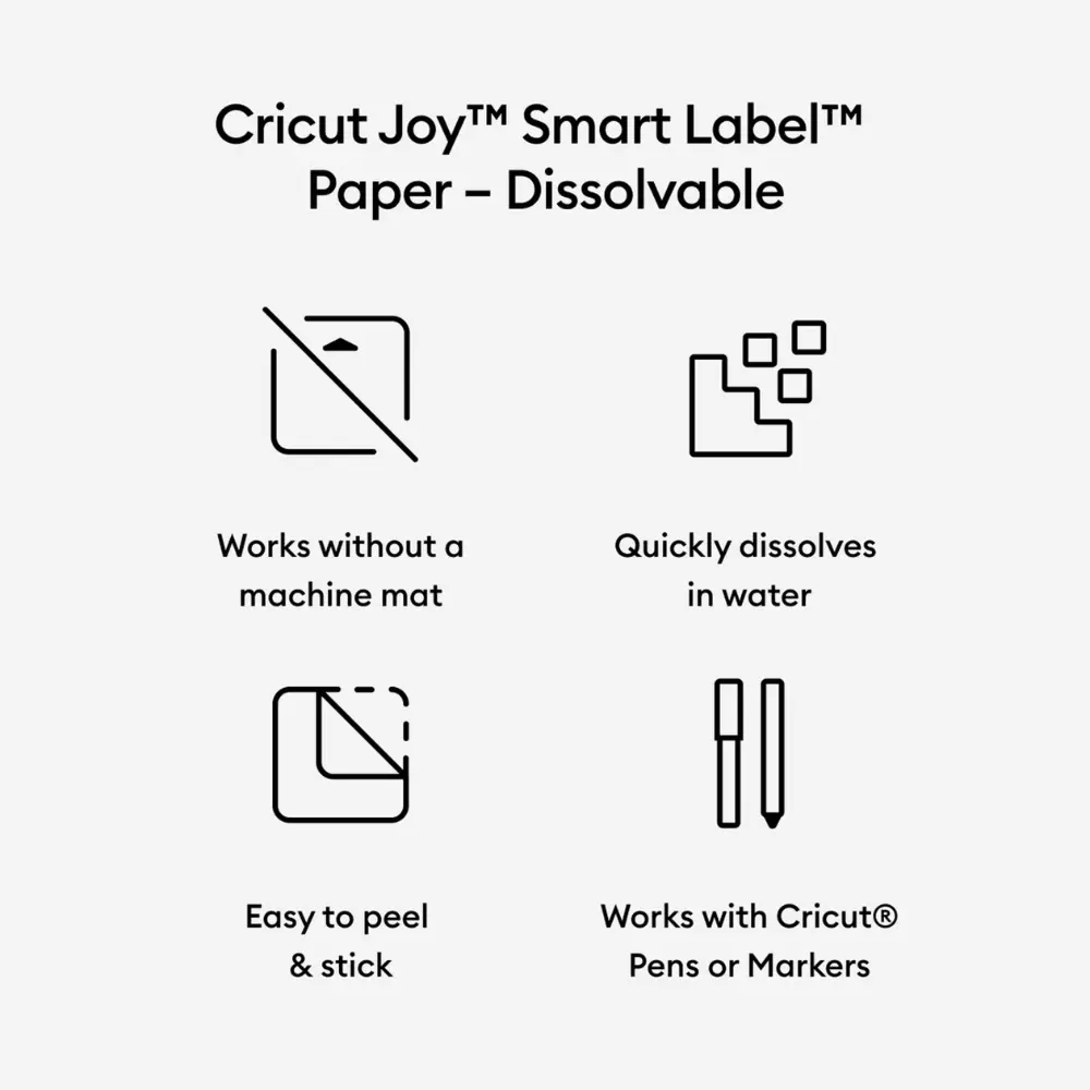 Cricut Joy Smart LabelTM dissolvable label paper sheet with feature icons