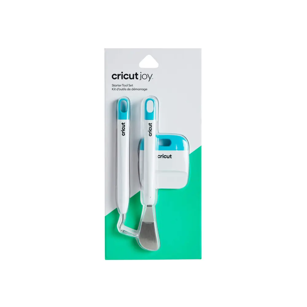 Cricut Joy starter tool set in retail pack with two teal-handled scraping tools