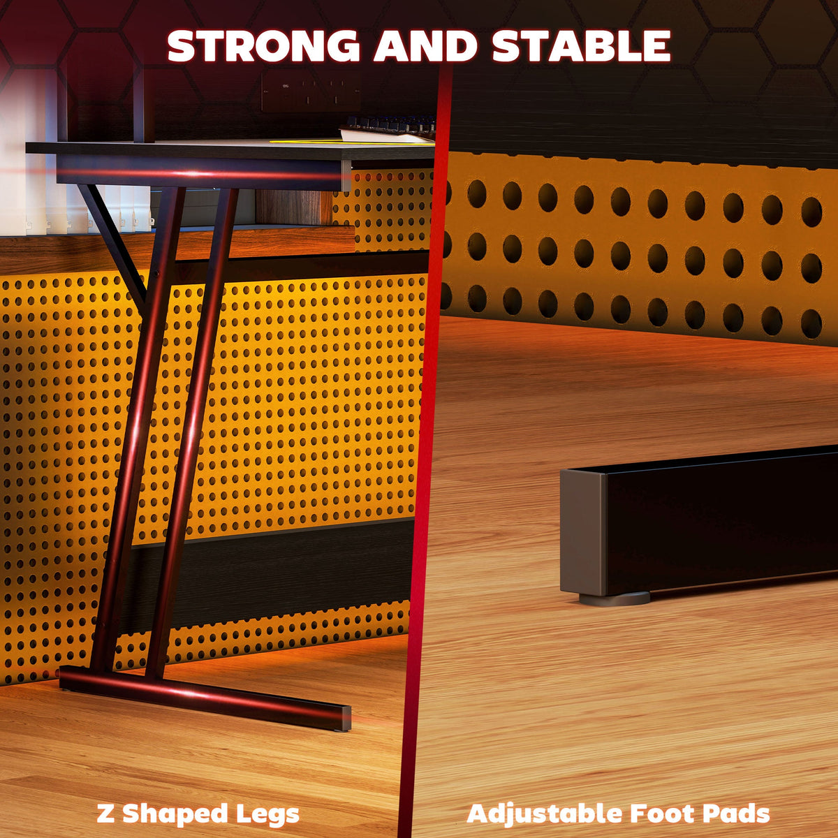 Z-shaped black desk legs with adjustable foot pads and red LED light strip
