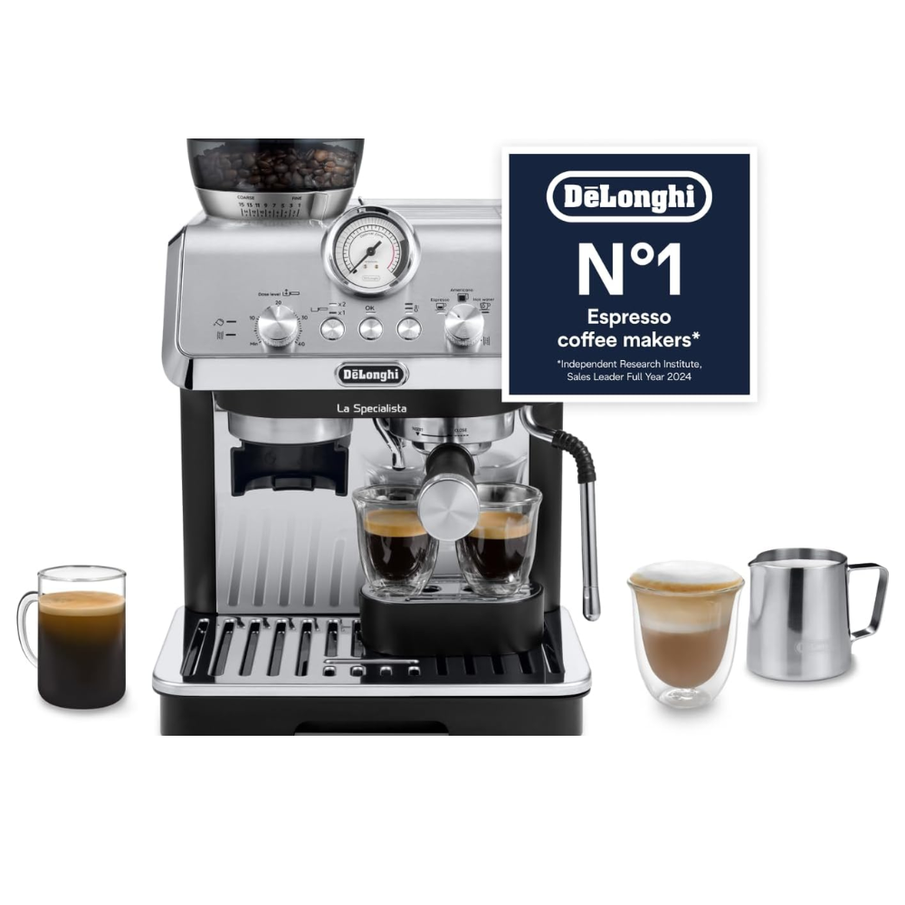 DELONGHI stainless espresso coffee machine with steam wand and dual cup setup