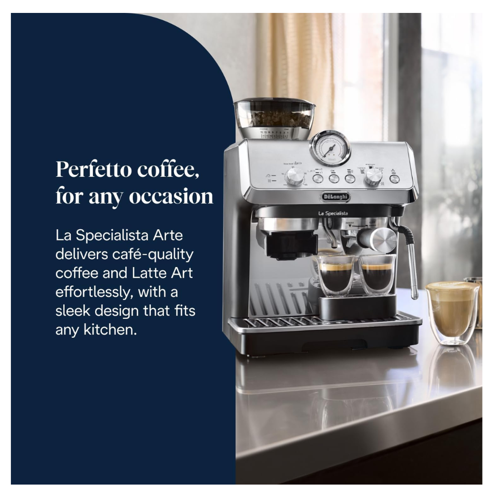 DELONGHI espresso coffee machine with front control panel and cup nozzles