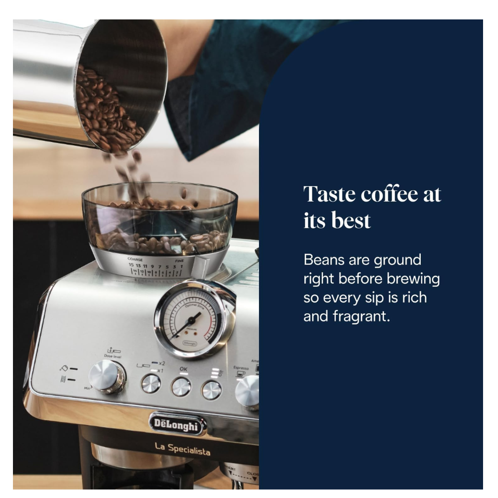 DELONGHI espresso machine with bean hopper and dial gauge on top