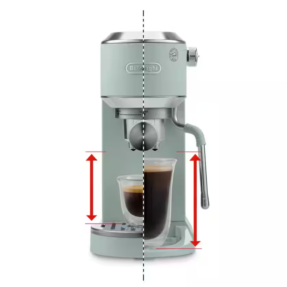 Green espresso machine front view with dual spouts and height guide arrows