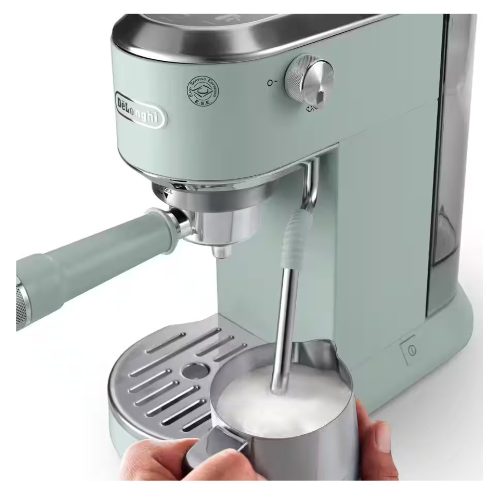 Green DELONGHI espresso machine close-up of portafilter and drip tray