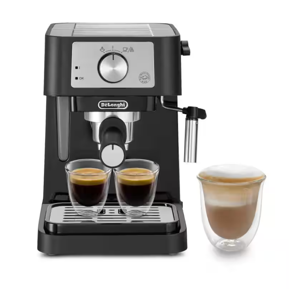 Black Delonghi Stilosa espresso machine with two coffee cups and frothing nozzle