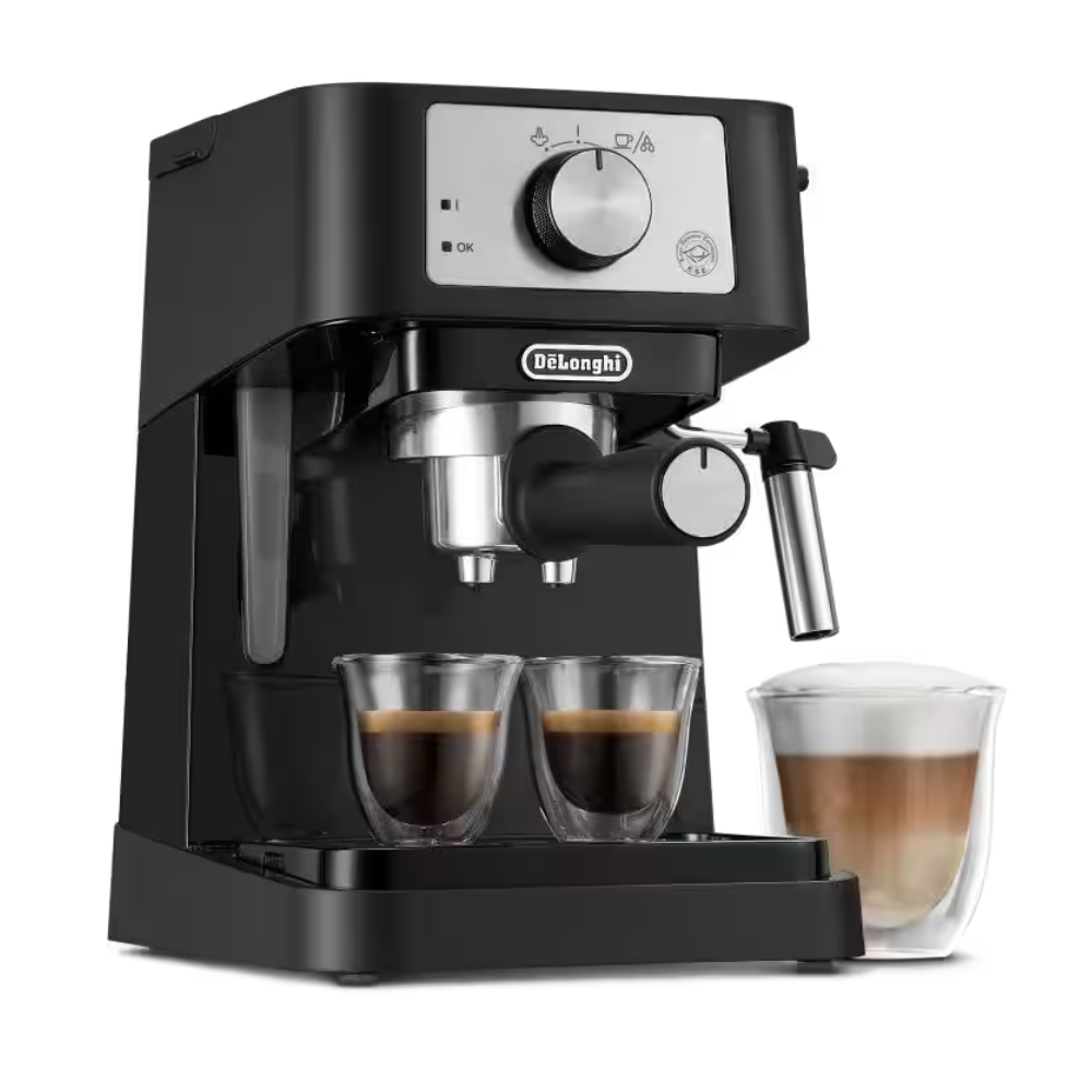 Black Delonghi espresso coffee machine with control dial and steam wand