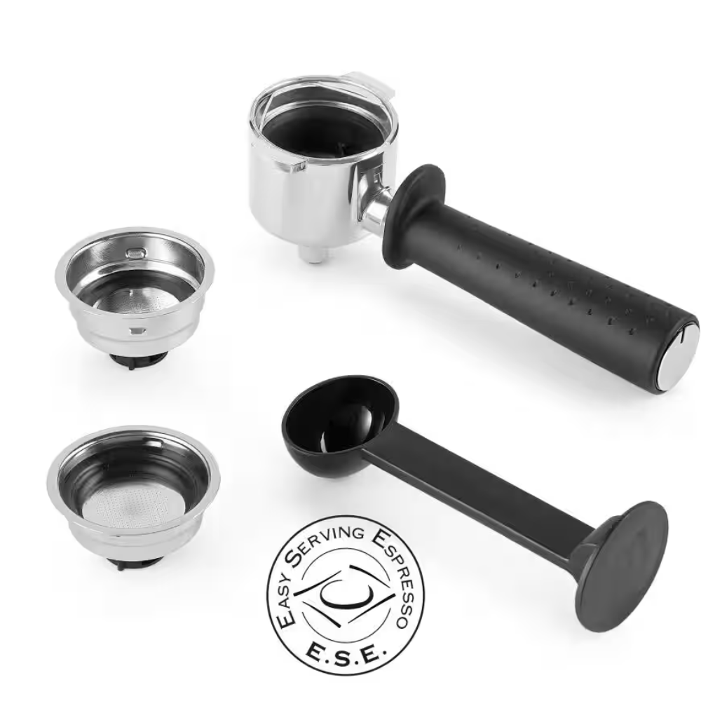 Espresso machine accessories: portafilter, filter baskets, and black handle
