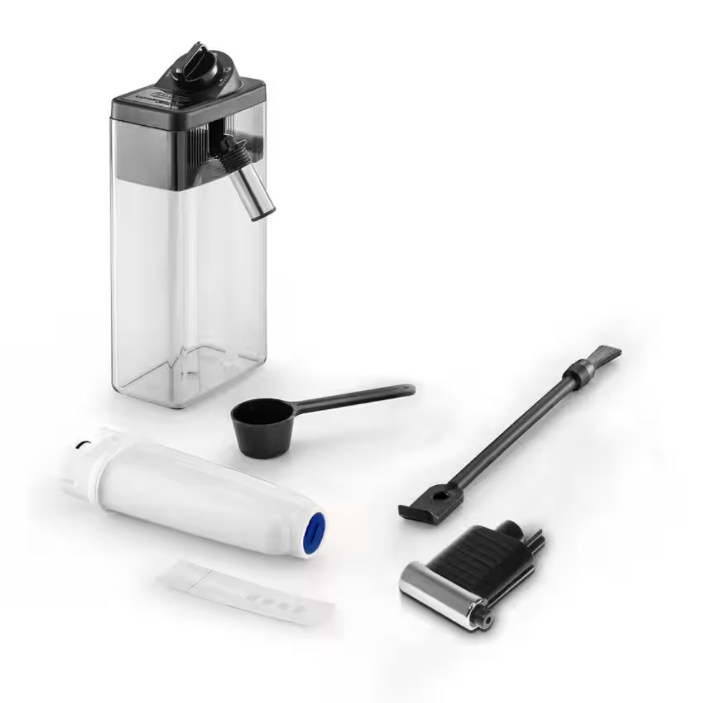 Automatic bean-to-cup coffee machine accessories: water tank, funnel, tools, and scoop