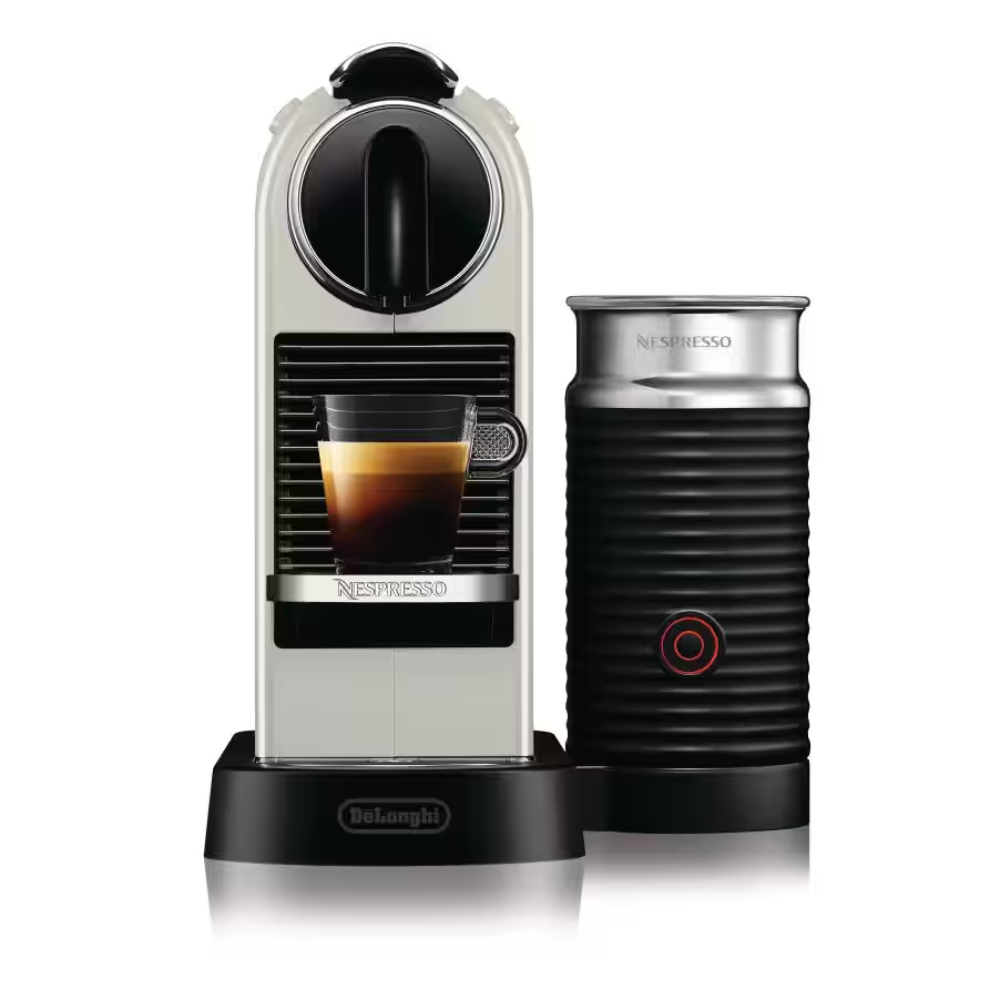 White De'Longhi Nespresso Citiz & Milk coffee machine with cup and frothing jug