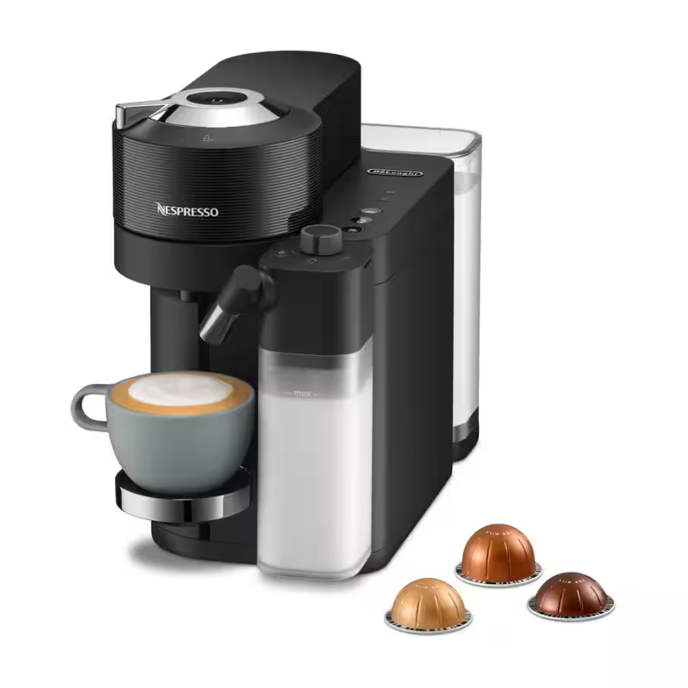 Black Nespresso Vertuo Lattissima coffee machine with frothing carafe and cup