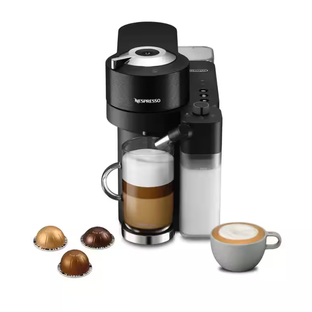 Black Nespresso Vertuo Lattissima coffee machine with two cups and coffee pods