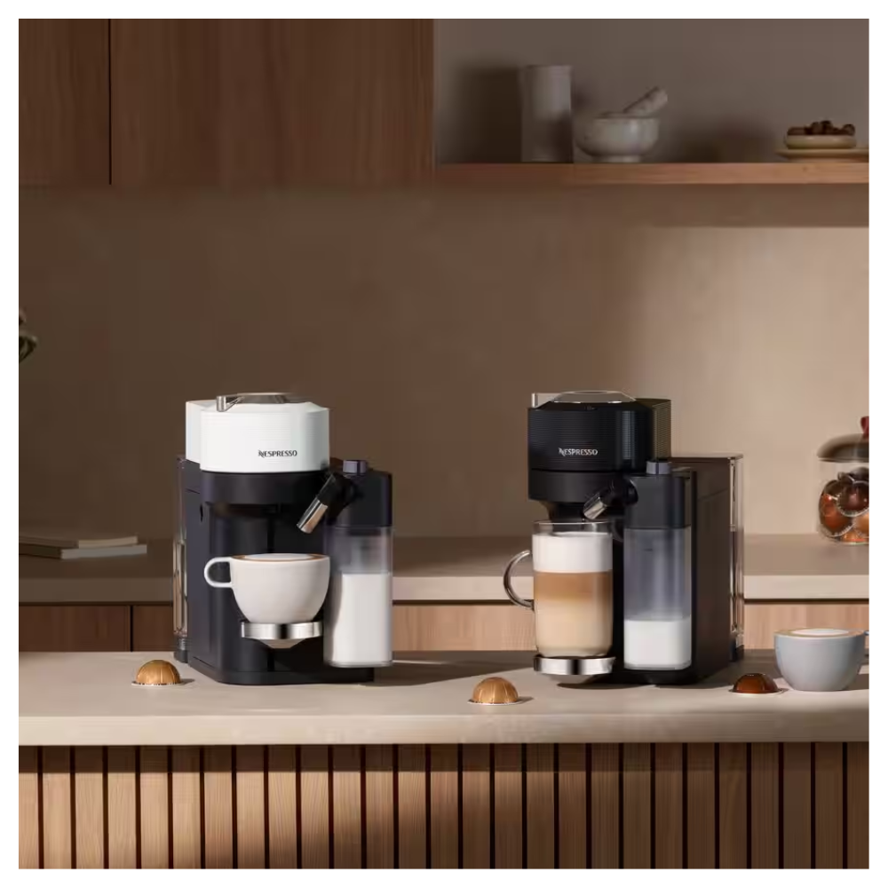Nespresso Vertuo Lattissima coffee machines on kitchen counter, black and white