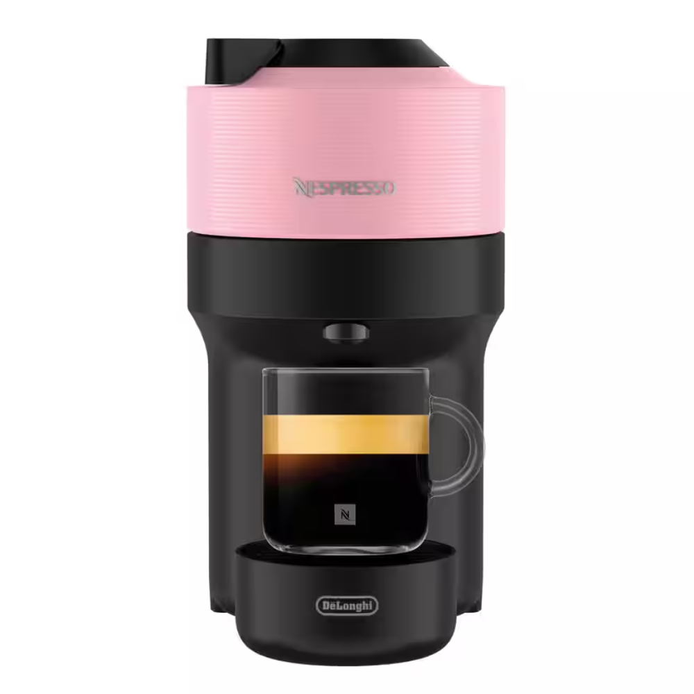DELONGHI VERTUO POP Nespresso machine, candy pink top with black body and cup