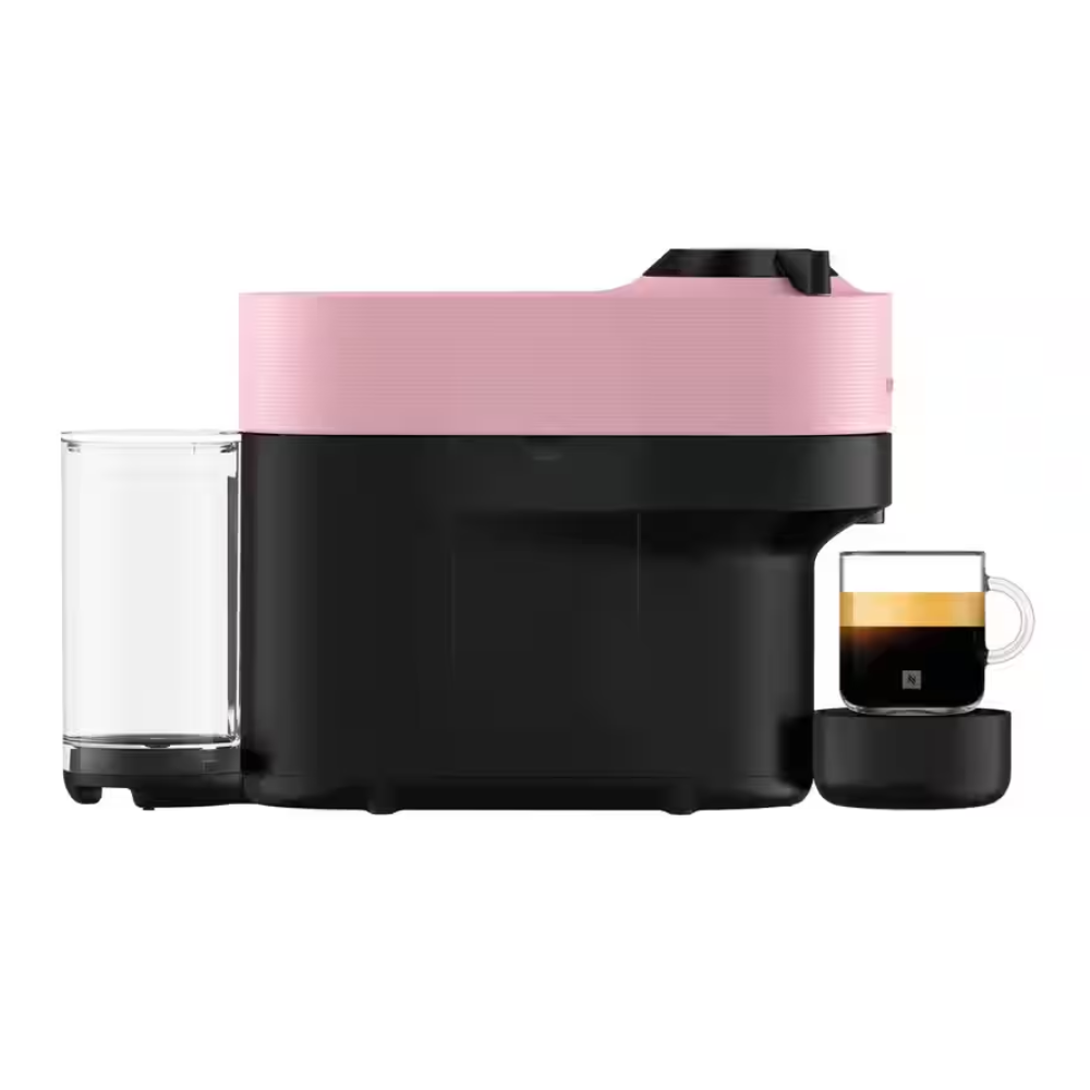 DELONGHI VERTUO POP coffee machine side view: candy pink top, black base, clear tank