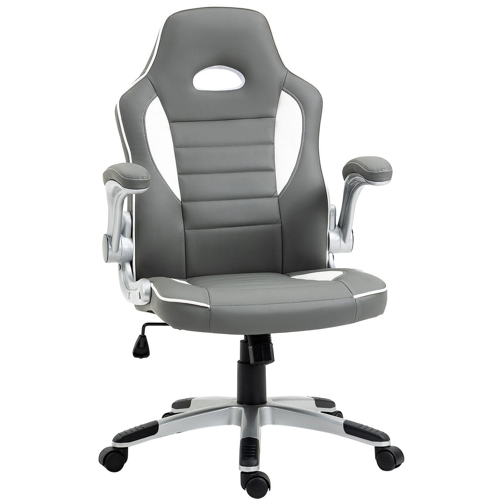Grey racing-style office chair with high back, padded seat, flip-up armrests and swivel base