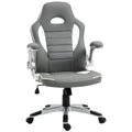 Grey racing-style office chair with high back, padded seat, flip-up armrests and swivel base