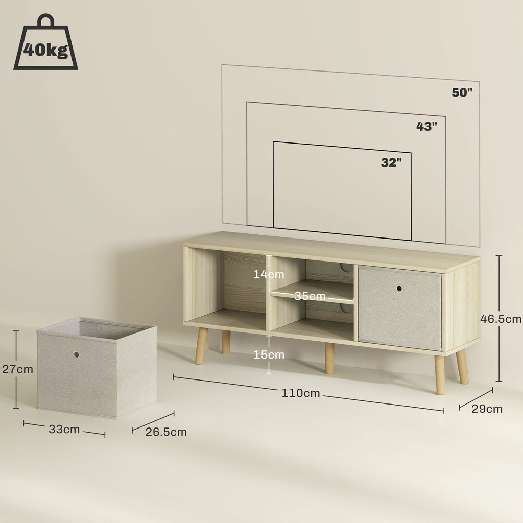 TV cabinet with open shelf and side storage drawers; includes size diagram layout