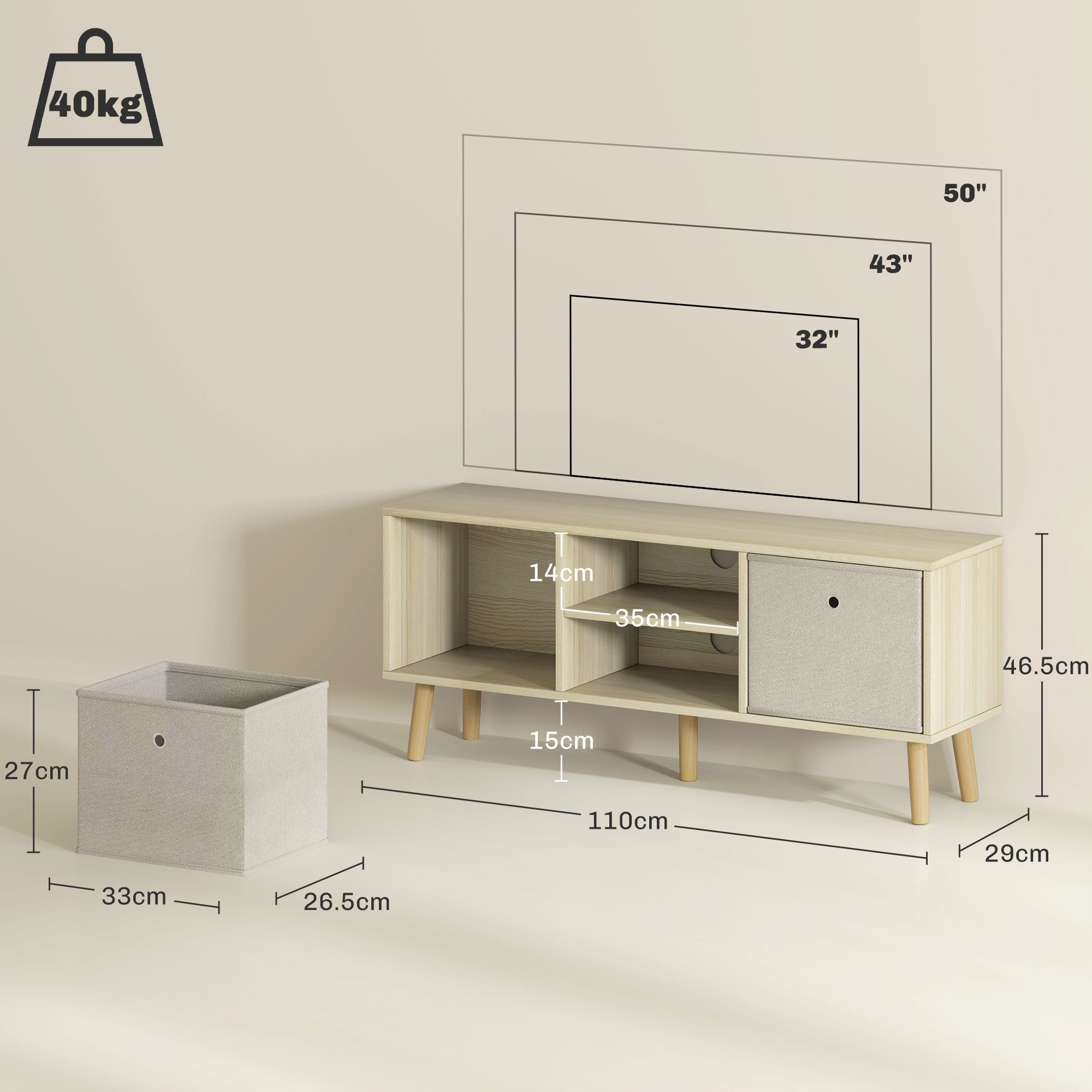 TV cabinet with open shelf and side storage drawers; includes size diagram layout