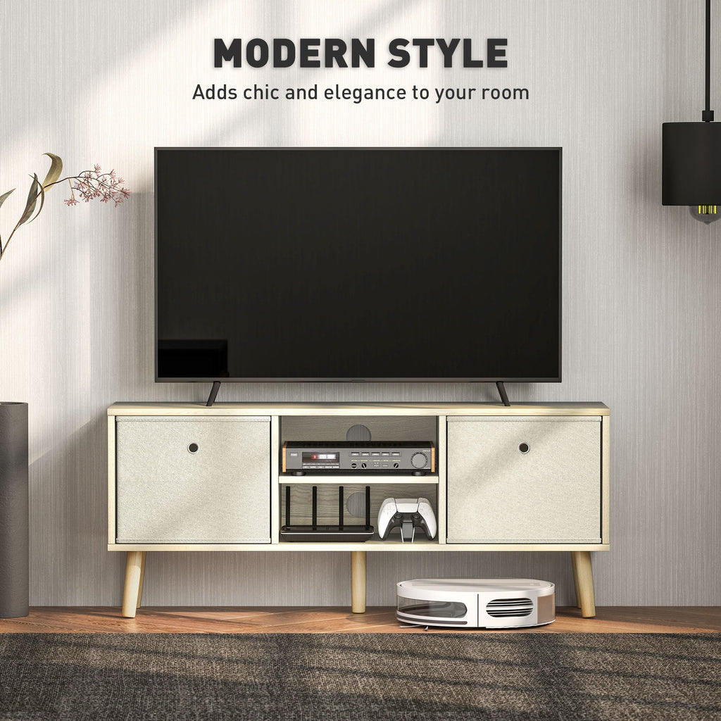 Beige fabric-front TV cabinet with central open media shelf and slim wood legs