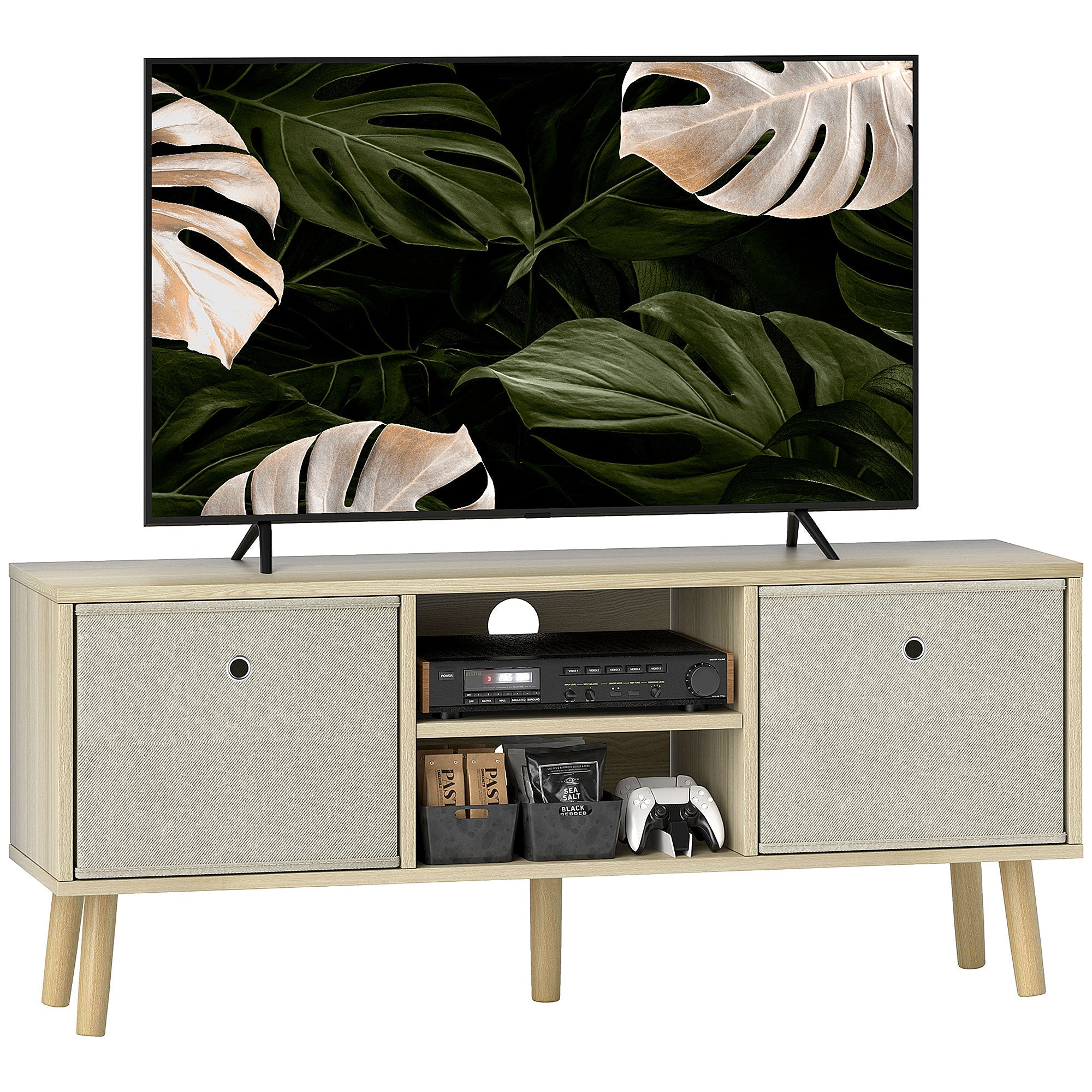 Modern TV console in natural wood with fabric side doors, central open shelf, TV on top