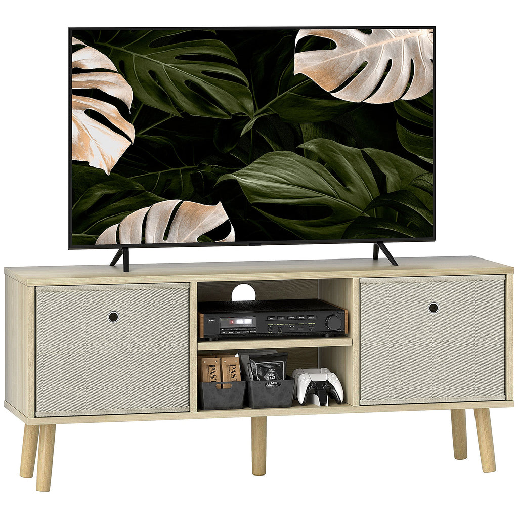 Natural wood TV cabinet with two fabric-door shelves and central open media area