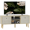 Natural wood TV cabinet with two fabric-door shelves and central open media area