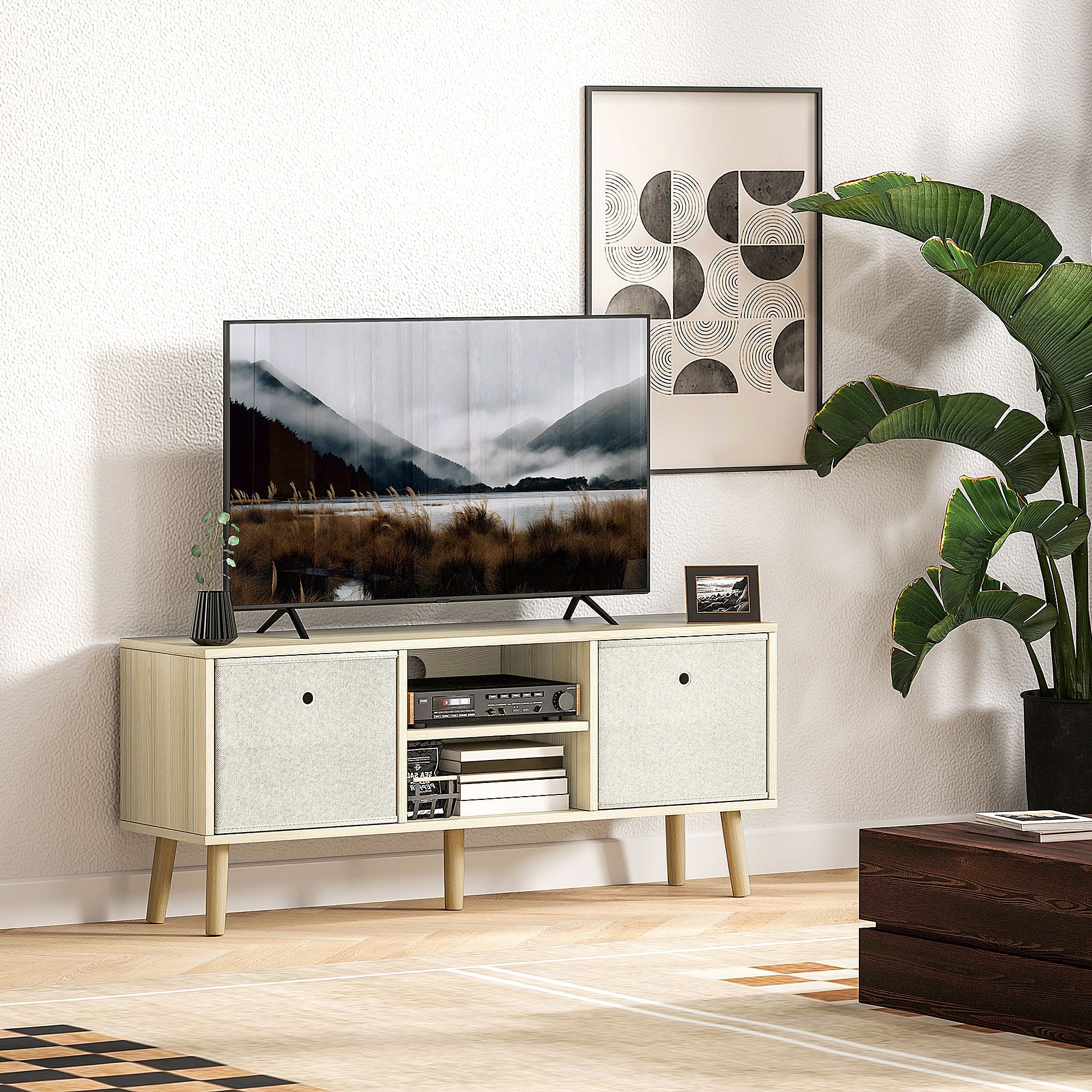 Natural wood TV stand with two side cabinets and central open shelf; TV centered above