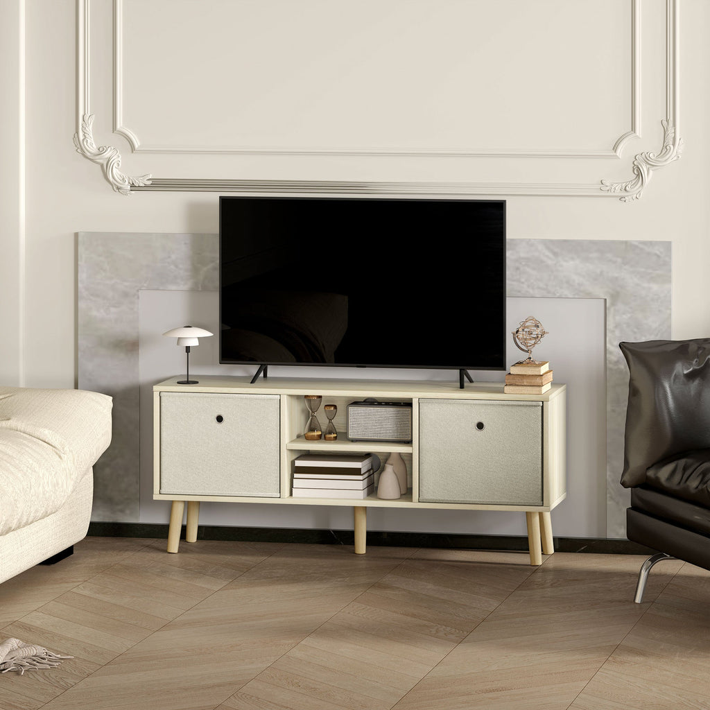 White TV stand with two fabric-door cabinets, central shelf, and solid wood legs