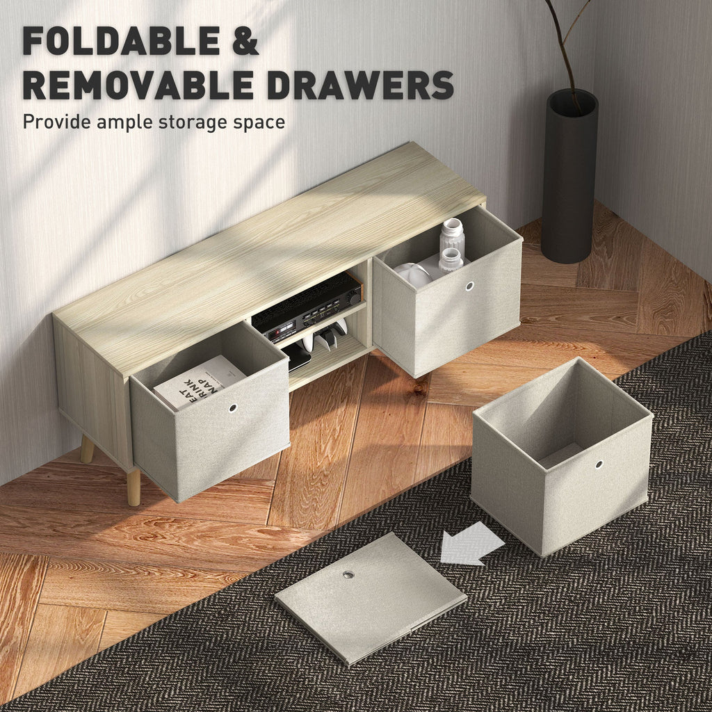 TV stand with foldable/removable drawers and open media compartment; fabric storage bins