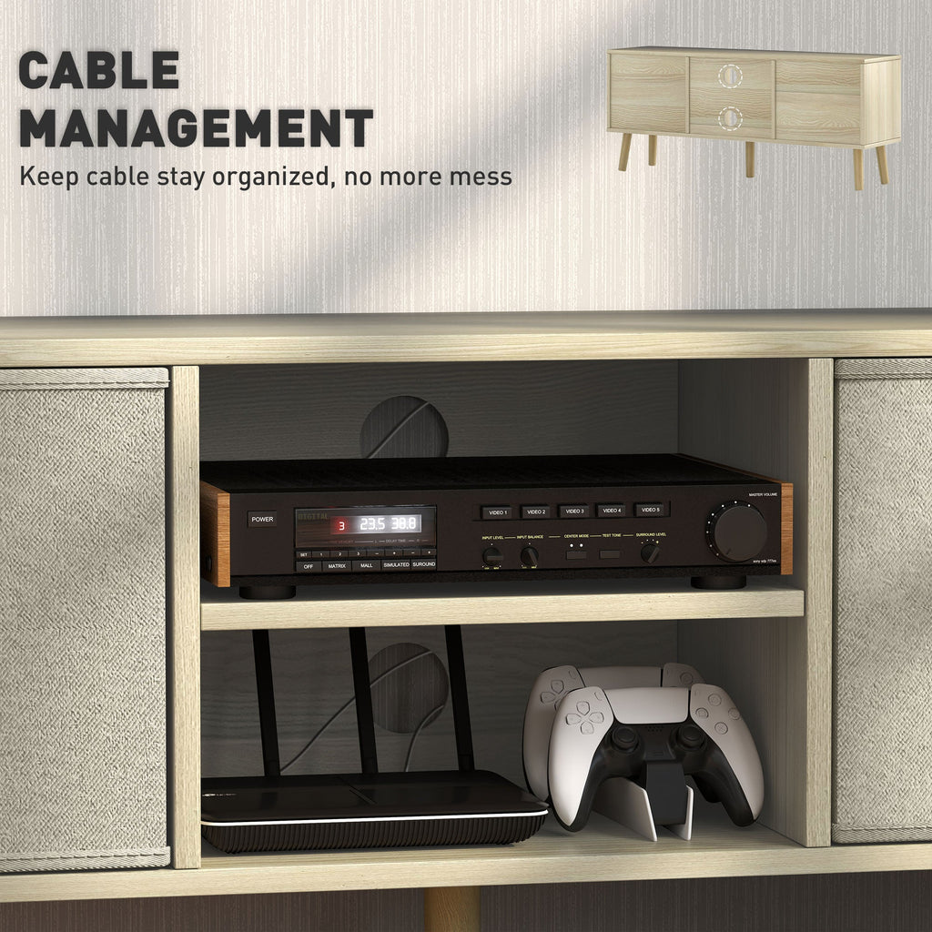 TV stand front open media space with shelves for AV receiver and game controller; cable room