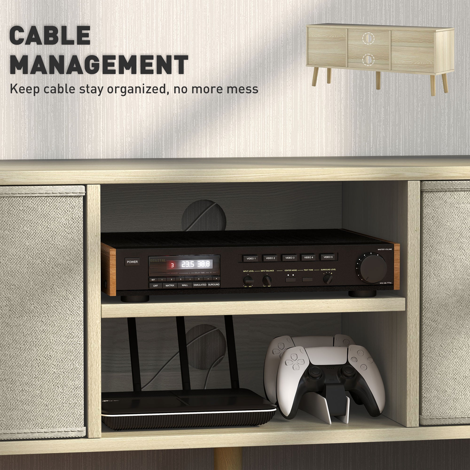 TV stand front open media space with shelves for AV receiver and game controller; cable room
