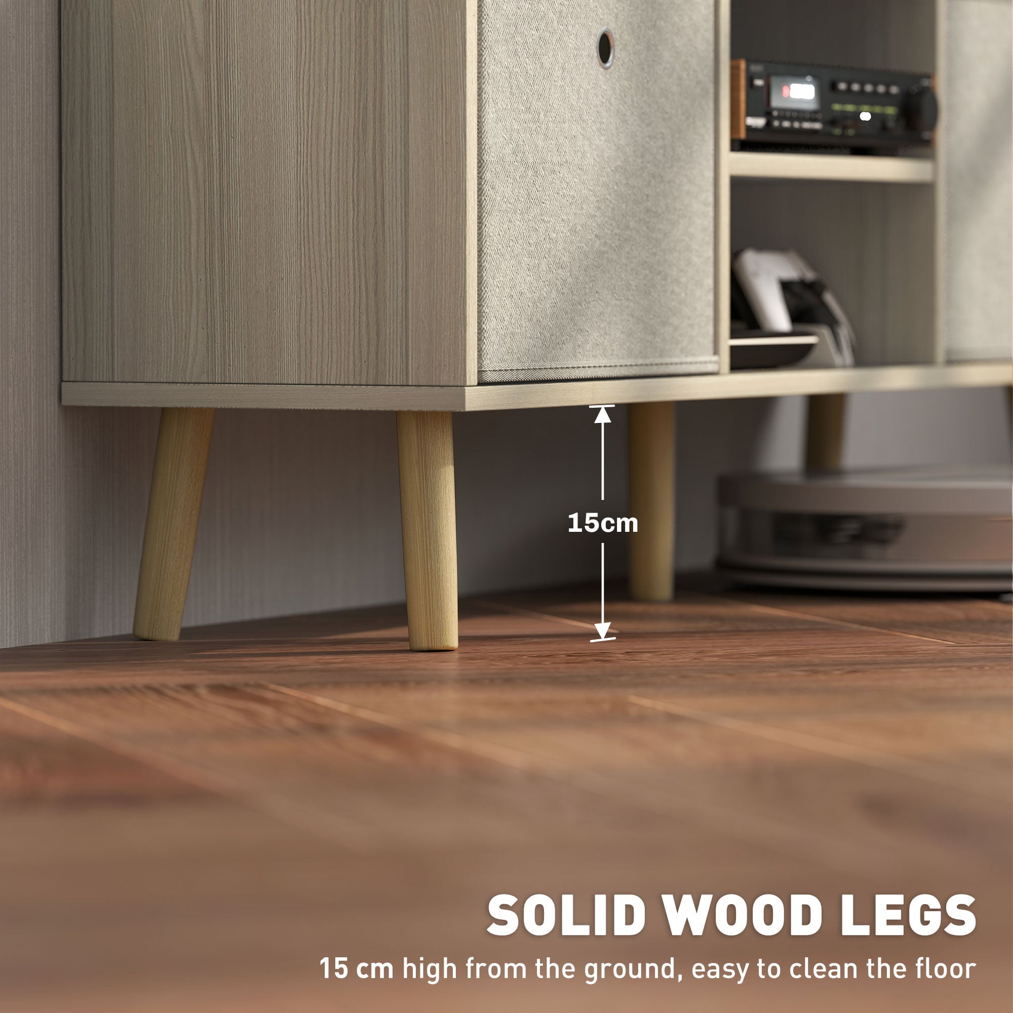 Under-shelf clearance of natural wood TV stand; fabric door and adjustable media storage