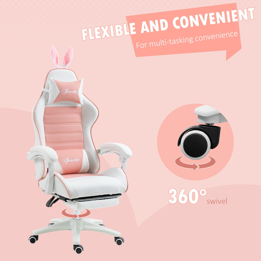 360° swivel gaming chair with bunny-ear headrest, pink cushioned back, white rolling base