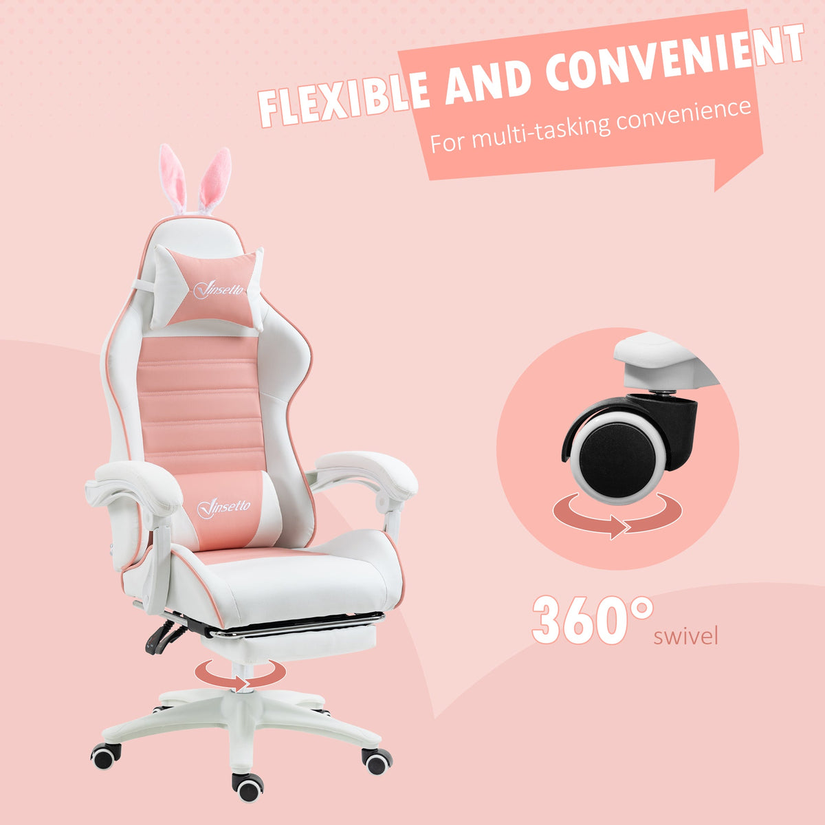 360° swivel gaming chair with bunny-ear headrest, pink cushioned back, white rolling base