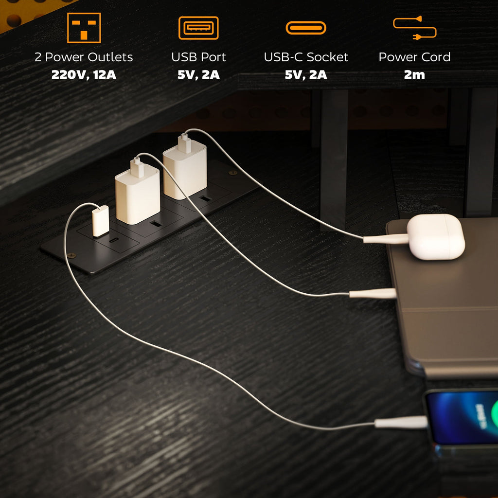 Black desk underside power panel with 2 outlets, USB ports, and a 2 m cable