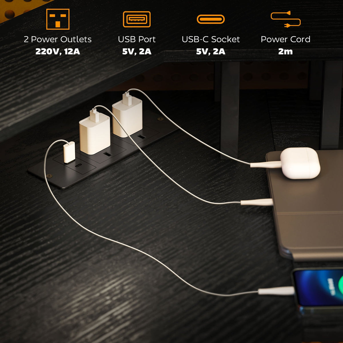 Black desk underside power panel with 2 outlets, USB ports, and a 2 m cable