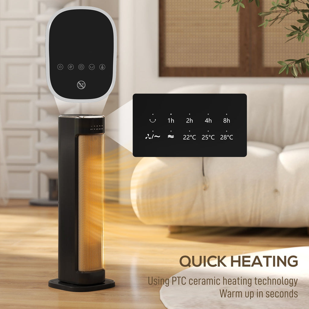 Black ceramic tower heater with glowing element, digital display, and included remote control