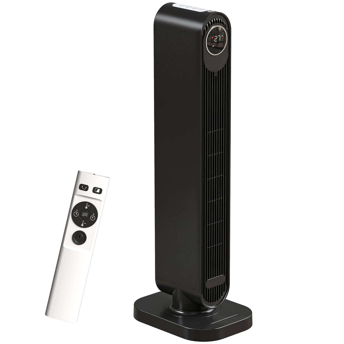 Black tower ceramic electric heater with fan on base, plus included remote control.