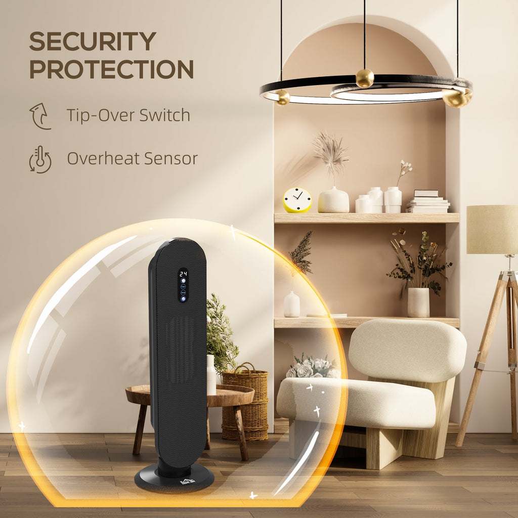 Black oscillating ceramic space heater with LED panel; tip-over and overheat protection