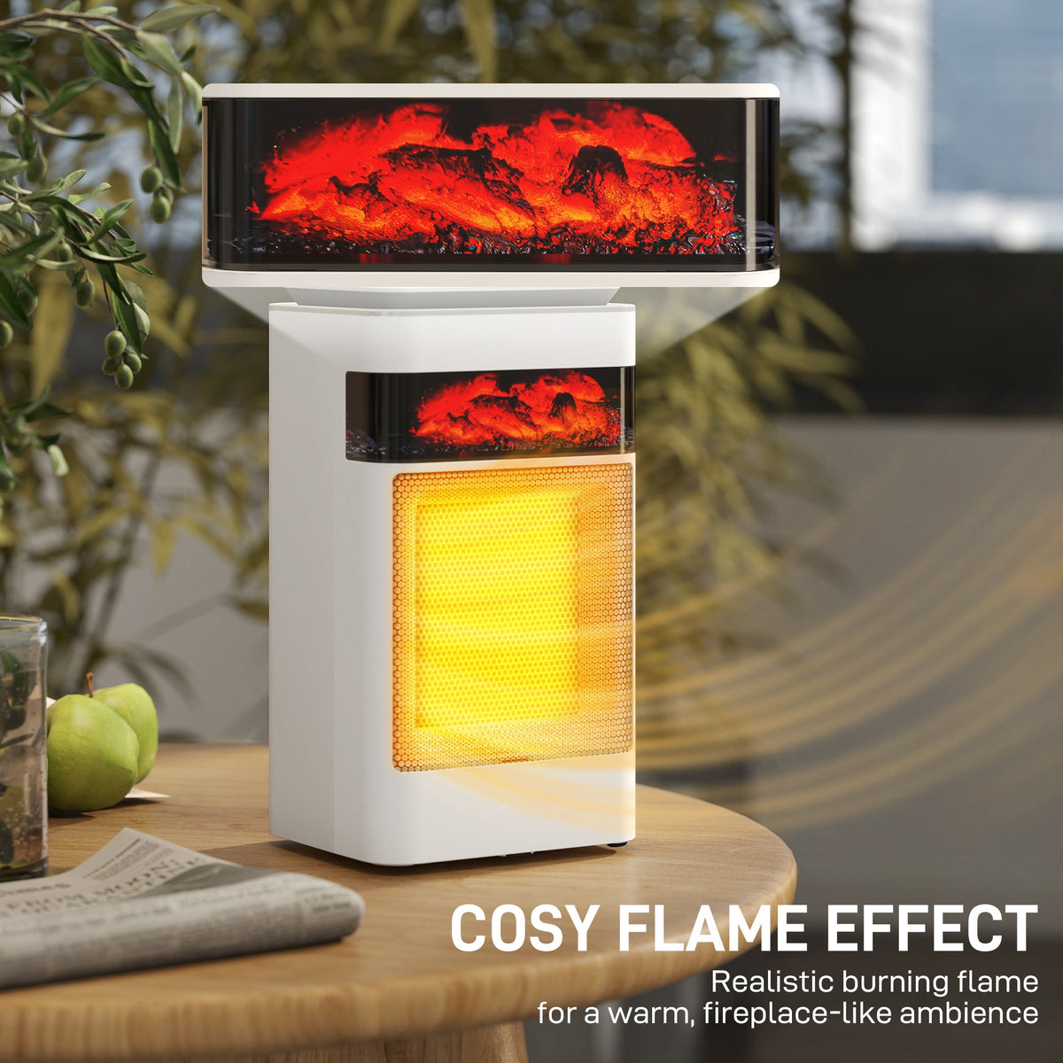 White ceramic electric heater with upper flame window and glowing amber heating grid