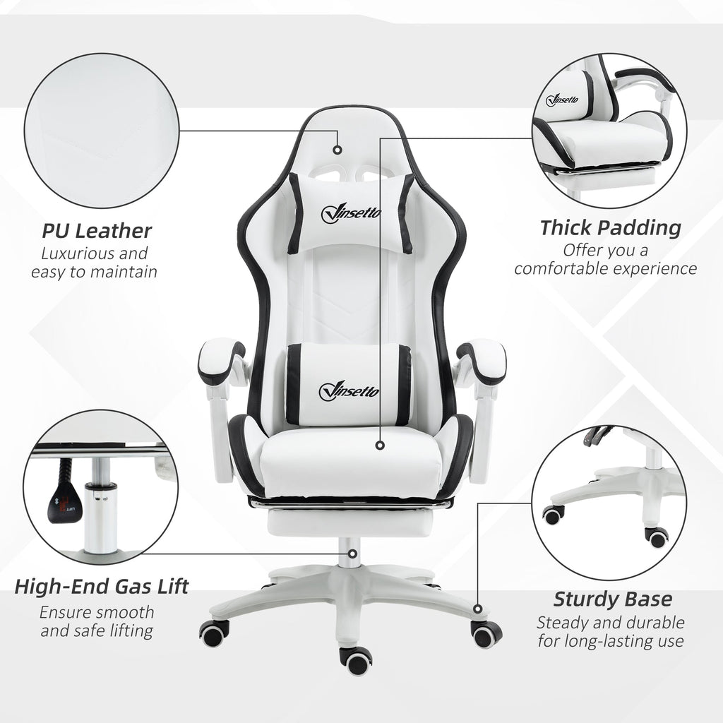 White PU leather style gaming chair with black piping, headrest, and footrest.