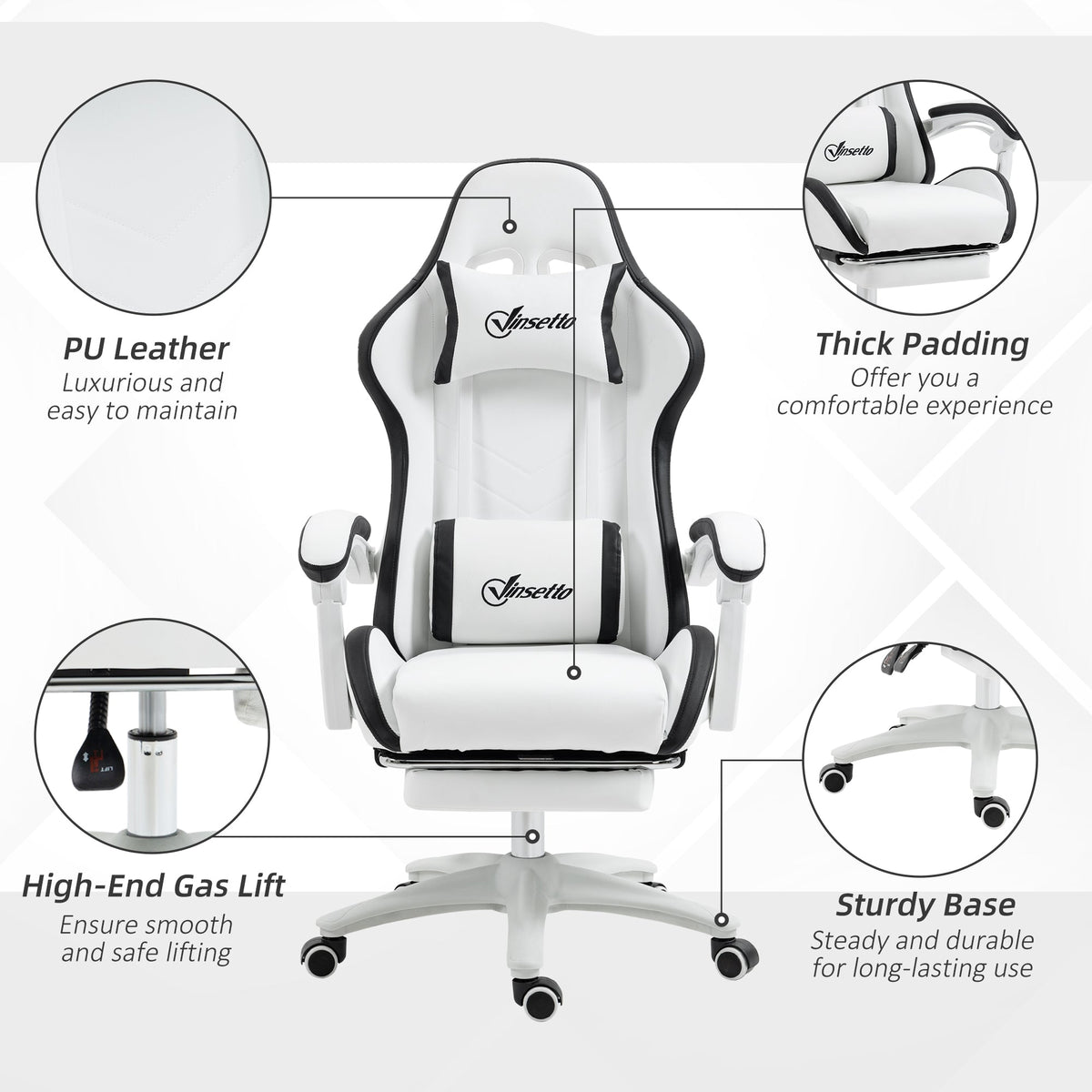 White PU leather style gaming chair with black piping, headrest, and footrest.