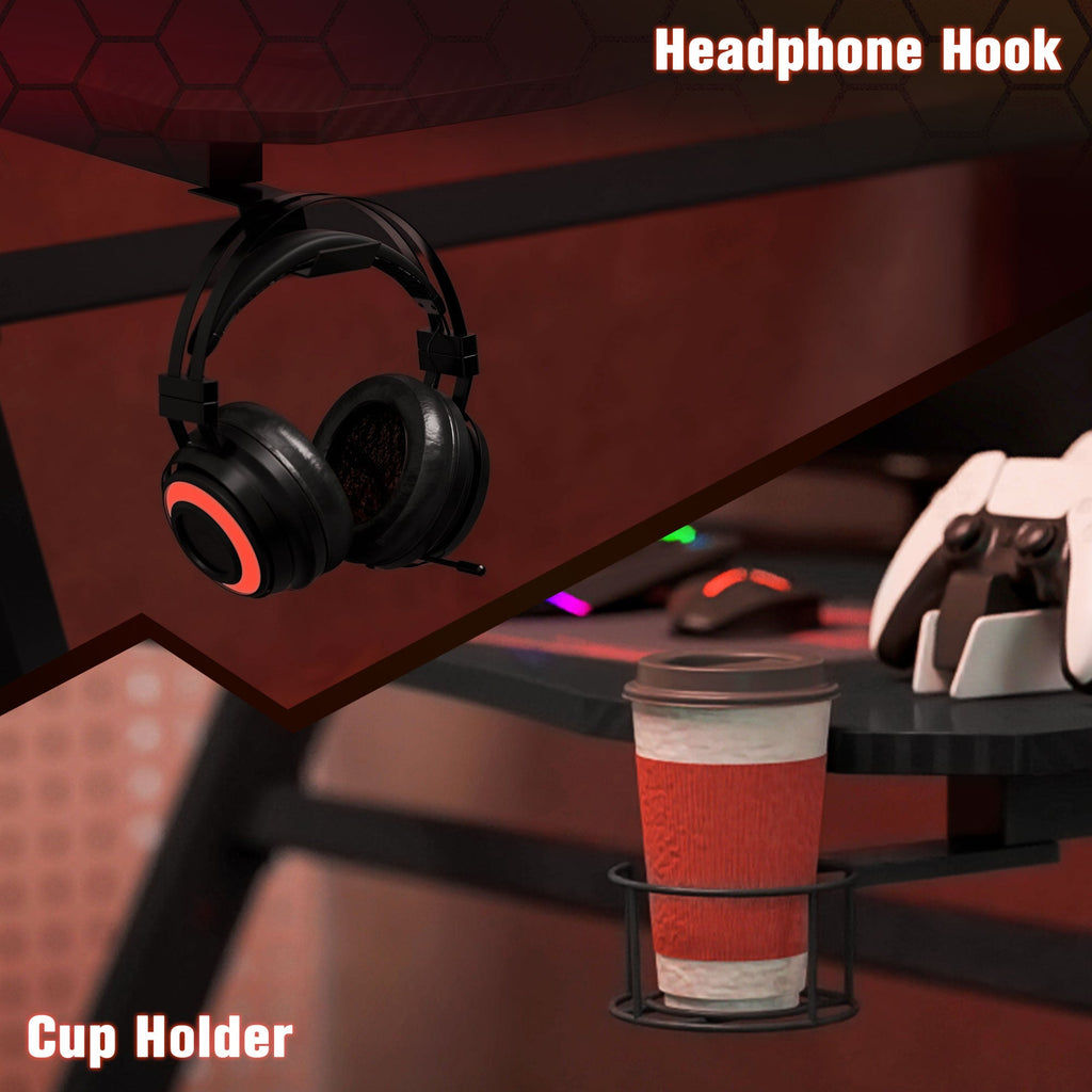 Black gaming desk with headphone hook and cup holder accessory for desk storage