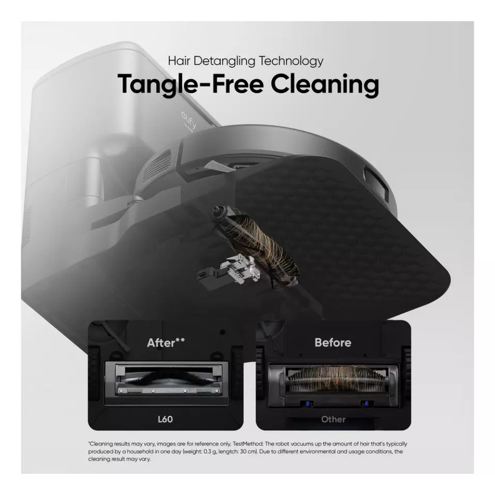 EUFY L60 hybrid robot vacuum and mop with self-empty station, open cleaning area view