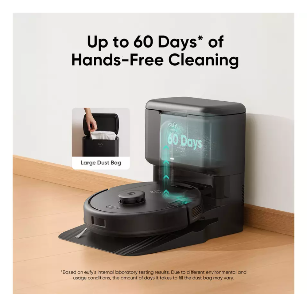 EUFY L60 robot vacuum and mop with self-empty station, large dust bag shown