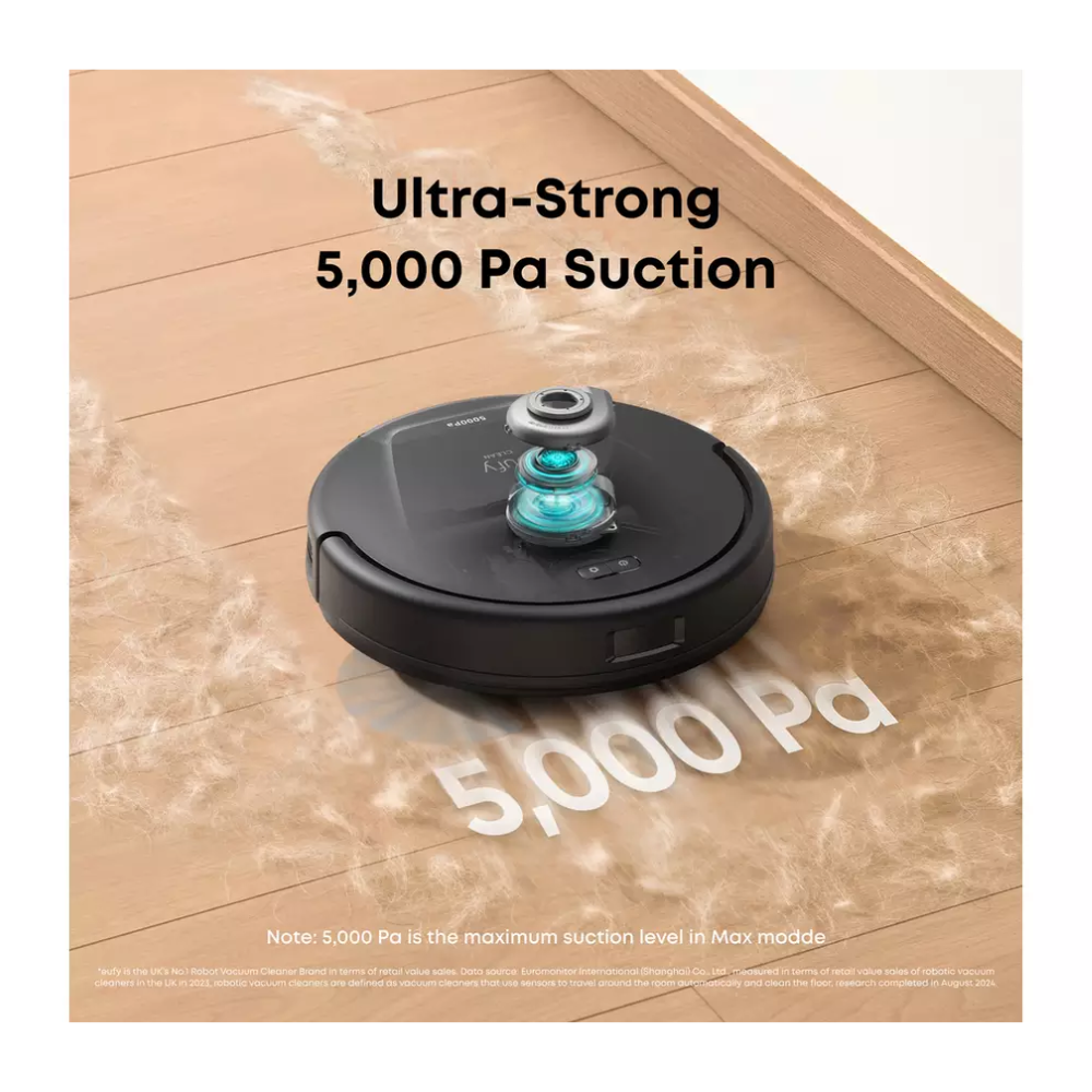 EUFY L60 robot vacuum and mop on wood floor, compact base with suction feature