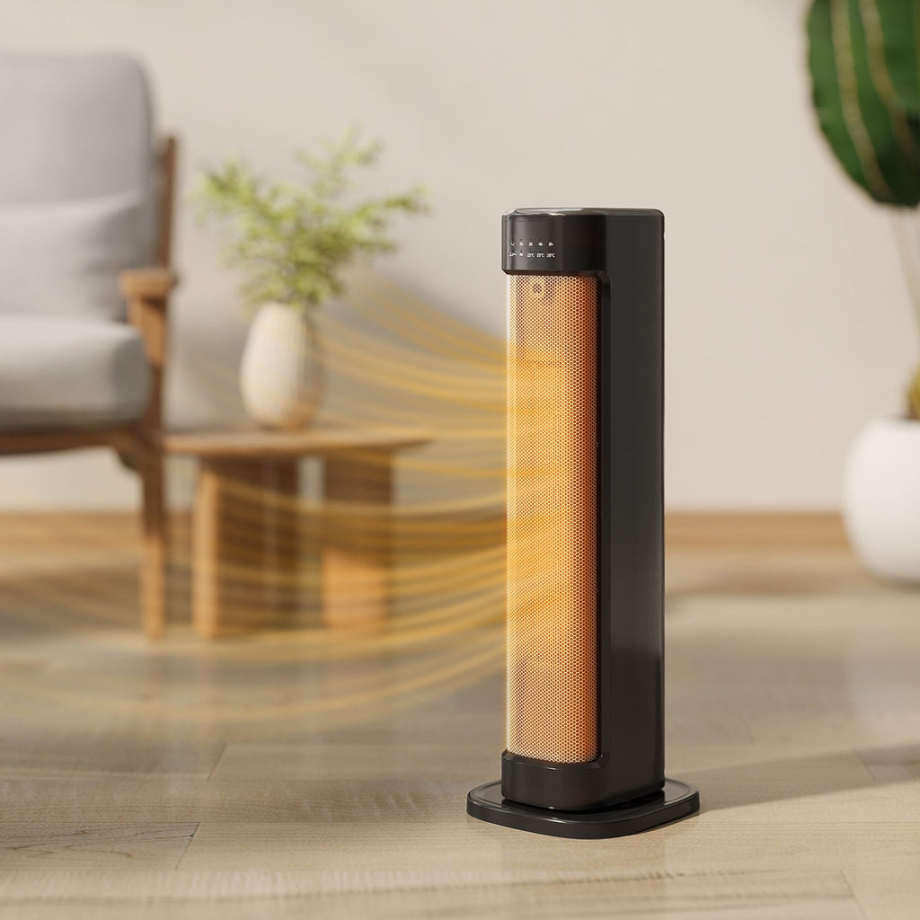 Black ceramic tower electric heater with glowing heating element on floor stand