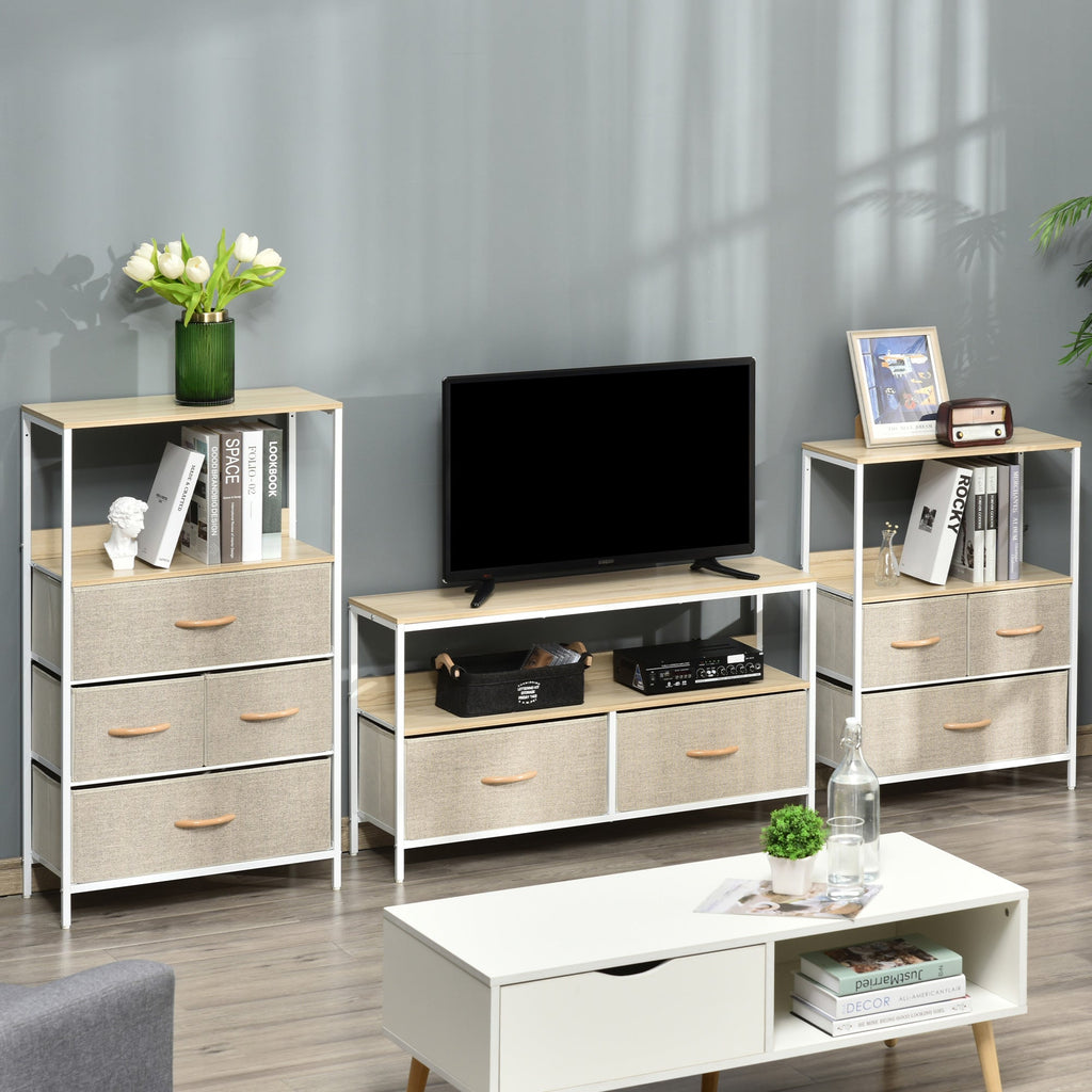 TV stand with open shelf and two gray linen drawers, light wood top, white frame in living room