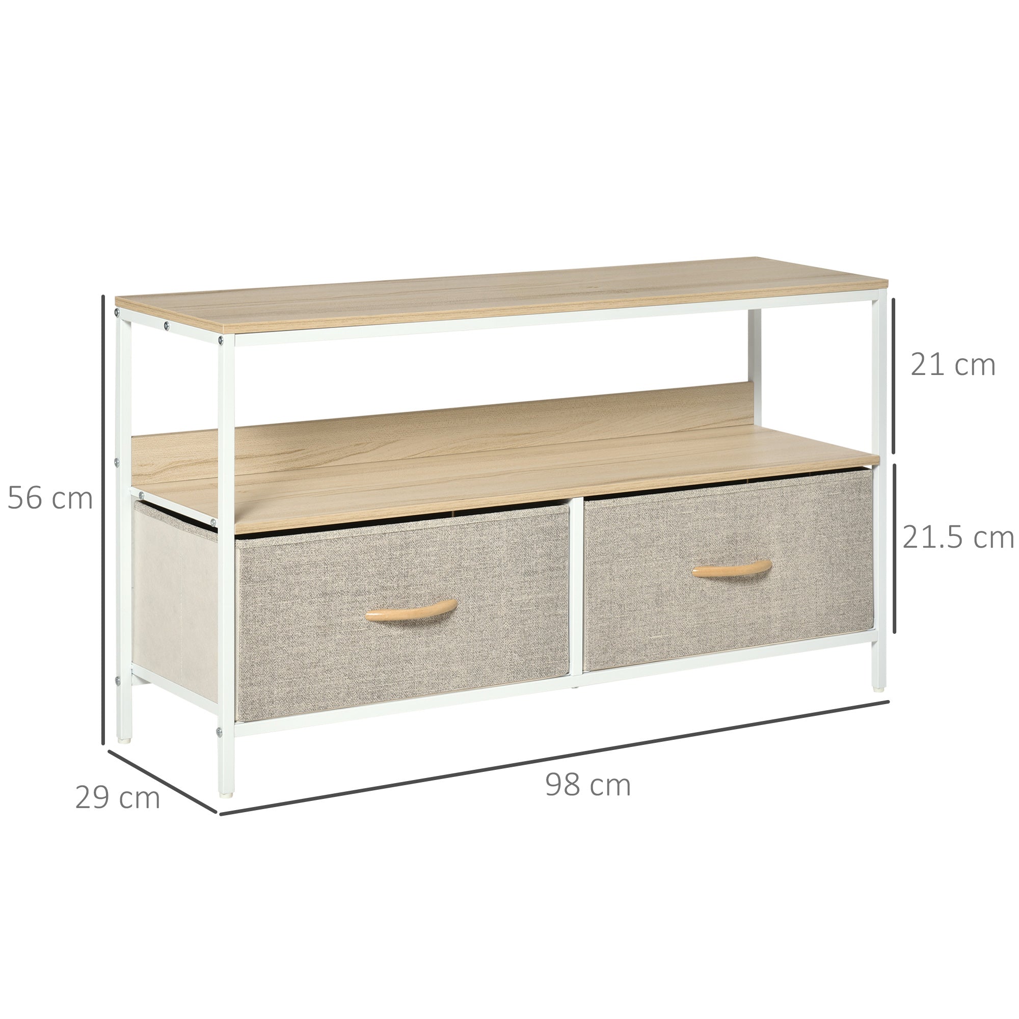 TV stand cabinet with open shelf, two gray linen drawers, light wood top, white legs (with measurements)